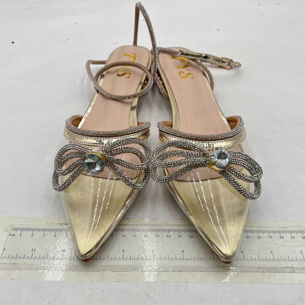 FYS Gold Pointed Toe Slingback Clear Block Low Heels Sparkly Rhinestone Sandals - Picture 3 of 8